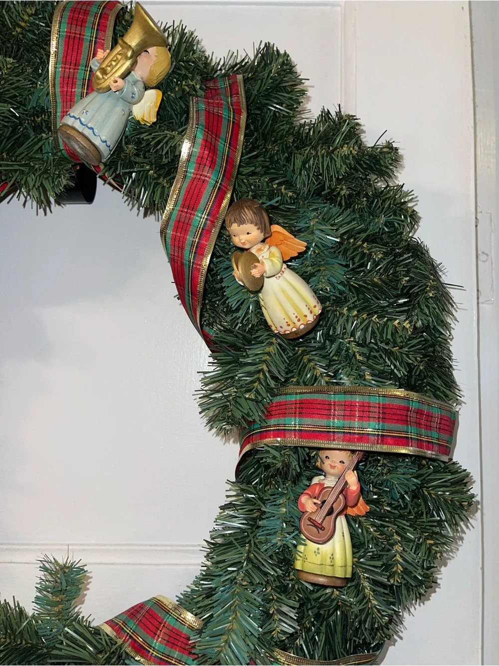 Festive Green Christmas 24 Inch Wreath with Red Plaid Ribbon and Angel Ornaments